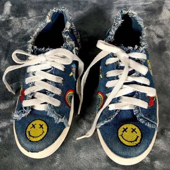 Denim Canvas Sneakers With Embroidered Smiley & Icons Frayed Detail - Picture 4 of 11
